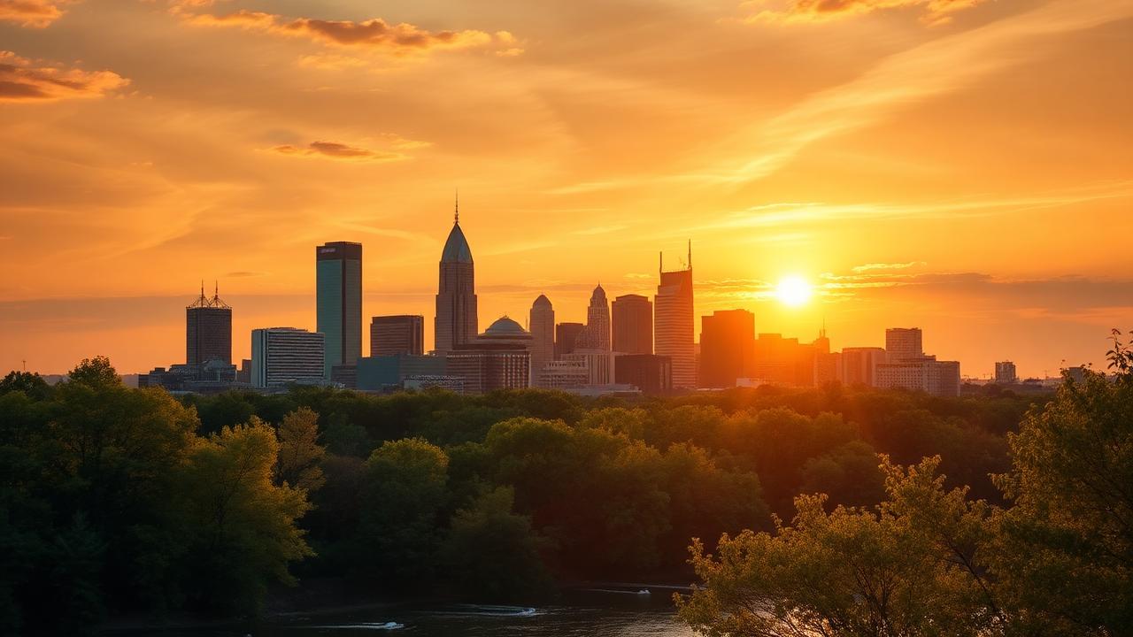 City skyline at sunset over a river and trees