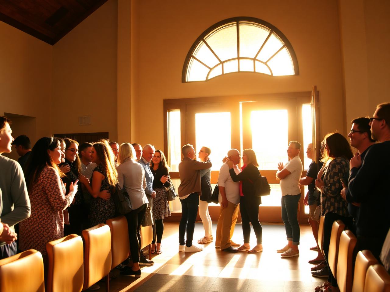 Church family greeting one another in a sunlit lobby