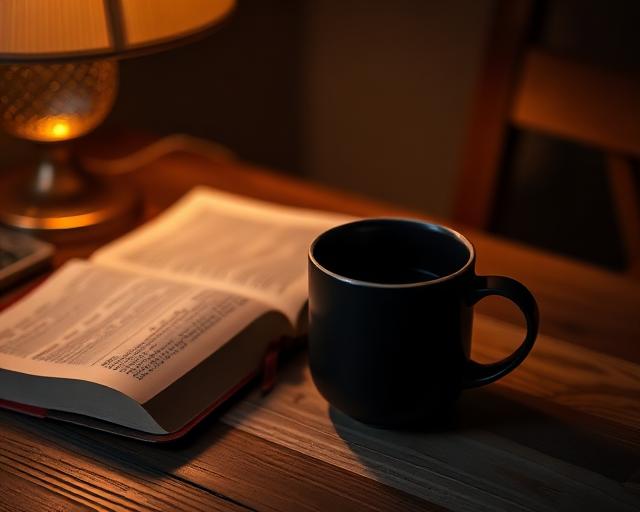 The Transition Show mug beside an open Bible