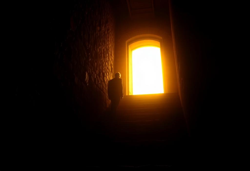 A figure ascending a stairway into light